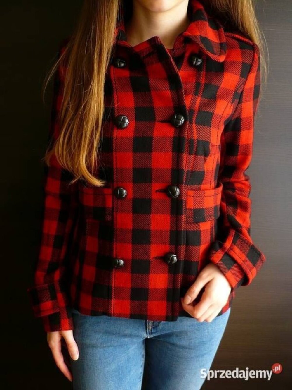 Gap Plaid Peacoat Jacket Size XS Red Black Buffalo Wool-Blend Double-Breasted